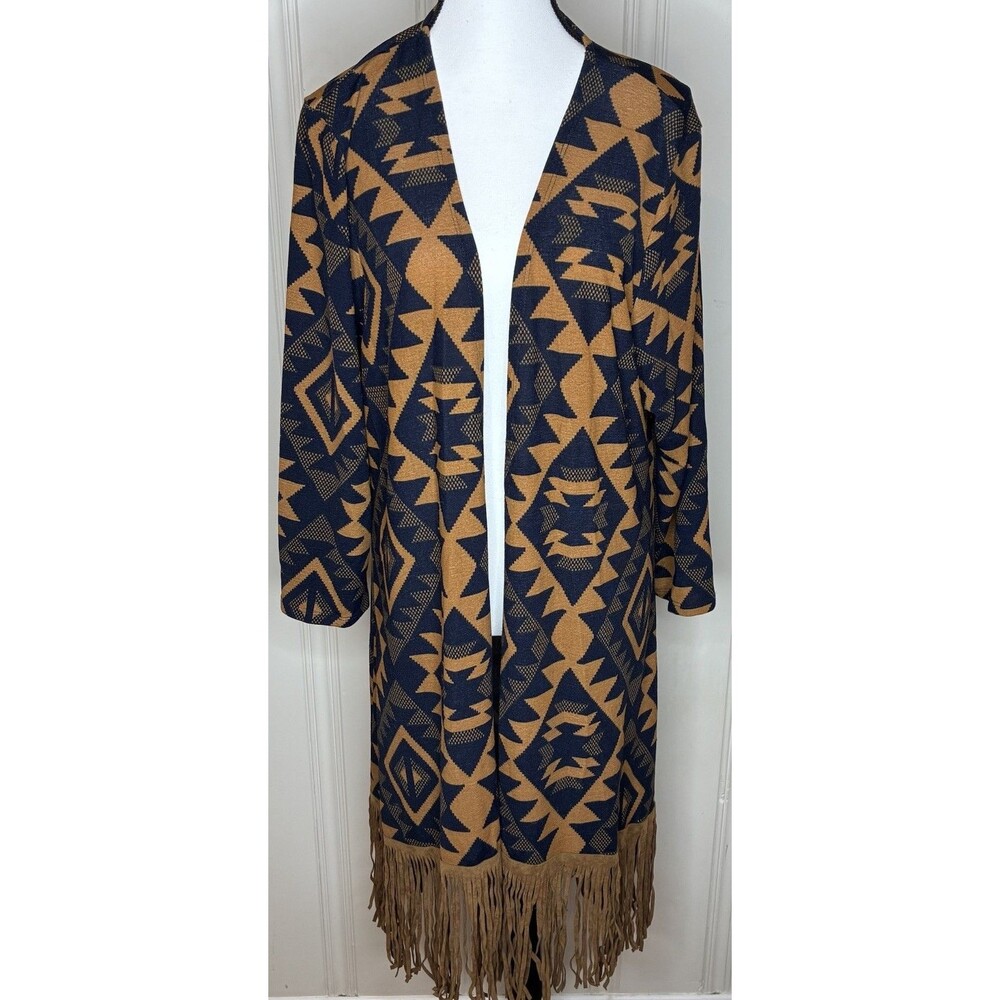 Aztec duster fringe open cardigan womens Sz XXL boho chic hippie western festiva
